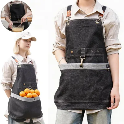 Produktbild von Garten Schürze Denim mit Kreuzrücken, Verstellbare Arbeitsschürze mit großen Taschen für Garten und BBQ