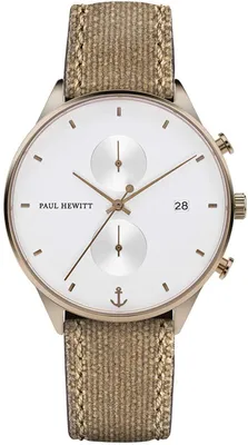 A close-up studio shot of a Paul Hewitt chronograph watch with a white dial and gold accents, set against a white background.