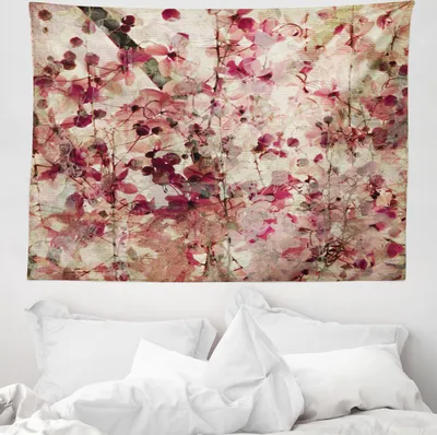 Produktbild von ABAKUHAUS Retro Wandteppich, Kirschblüten Blumen aus Weiches Mikrofaser Stoff Waschbar ohne Verblassen Digitaldruck, 150 x 110 cm, Beige Rosa