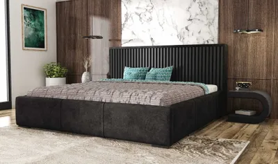 Produktbild von AGMAT Polsterbett WOOD mit Kopfteil, 160 x 200 cm, Doppelbett mit Bettkasten und Lattenrost aus Metall, Velourstoff: Schwarz