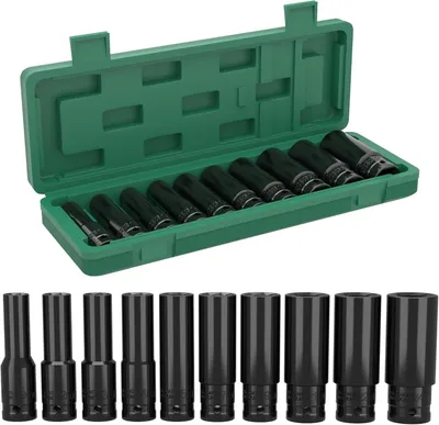 Imagen del producto de Juego de llaves de impacto de 10 piezas, de 1/2 pulgada, de 10 a 24 mm, de acero Cr-V, con estuche de plástico, para el mantenimiento de automóviles