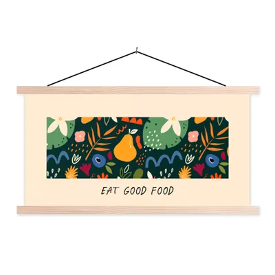 Produktbild von MuchoWow® Textilposter Zitate - Sprichwörter - Gutes Essen essen 120x60 cm mit holzfarbenen Rahmen - Klemmleiste