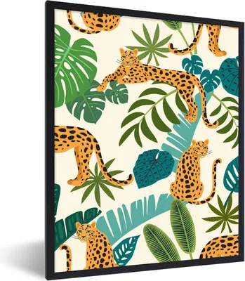 Produktbild von MuchoWow® Gerahmtes Poster Dschungel - Leopard - Pflanzen - Muster - Mädchen - Jungen 60x80 cm - Poster mit Schwarzem Bilderrahmen Wandposter Rahmen Foto Bilder - Premium - Wanddeko Wohnzimmer