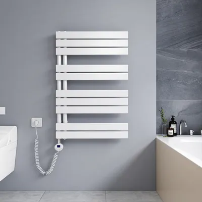 Produktbild von Heilmetz Handtuchtrockner Elektrisch Weiß Badheizkörper 899 x 600mm Heizkörper Asymmetrie Design Handtuchwärmer - Montage links