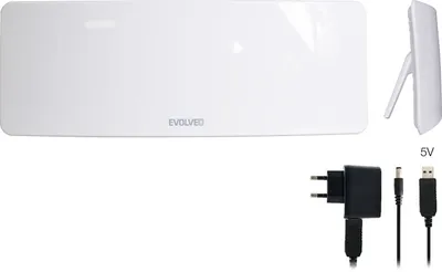 A white indoor antenna and its accessories are displayed against a white background.