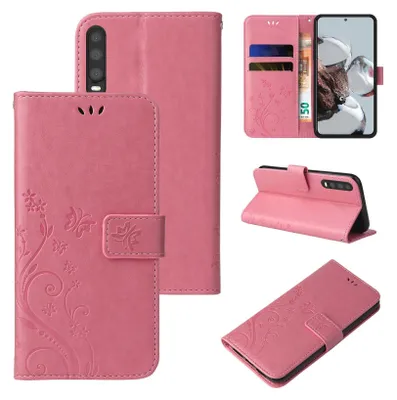 A collage of images showing a pink floral butterfly patterned flip phone case for a Huawei P30.