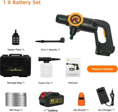 Zdjęcie produktu dla Akumulatorowa myjka wysokociśnieniowa - Bezszczotkowy pistolet wysokociśnieniowy 21 V - 3000 W - 200 bar - Dysza 6 w 1 - 3 biegi - Wąż 5 m - 1x akumulator 4,0 Ah - Złoty