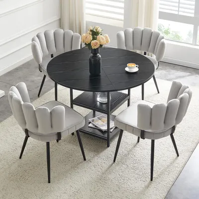 Immagine prodotto di Set tavolo e sedie, tavolo rotondo da pranzo di 107 cm di diametro, con ripiano aggiuntivo + 4 sedie rivestite in tessuto (colore nero, grigio chiaro)
