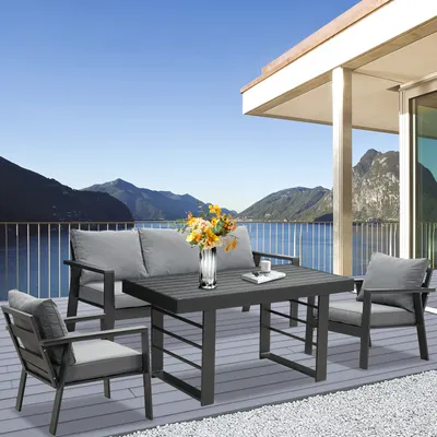 Produktbild von MeXo Gartenmöbelset Aluminium, 5 Personen, Ergonomische Rückenlehne mit Kissen & Hoher Esstisch, Indoor Outdoor Balkon Garten (Sitzgruppe, grau)