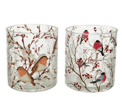 Produktbild von Teelichthalter Glas 10cm mit Vogel Motiv 1 Stück sortiert Transparent