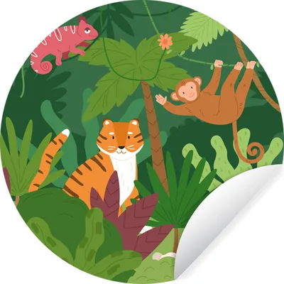 Produktbild von MuchoWow® Runde Wandtattoo - Wandsticker Tapete Aufkleber Dschungel - Tiere - Wild Ø 100 cm Selbstklebend und Repositionierbar - Wandaufkleber - Kreis - Tapetenkreis - Wandbild rund - Schlafzimmerdekoration - Wanddeko - runde Tapete - Kunst für zu Hause