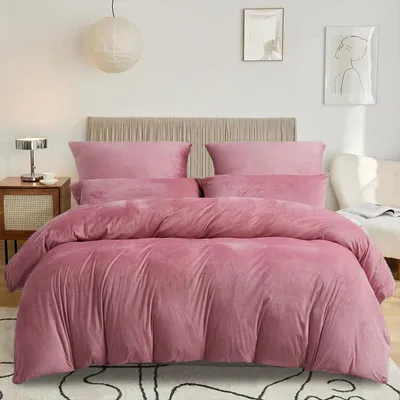 Obrázok produktu pre Sada posteľnej bielizne, 200x200 cm, ružová, svetloružová, plyšová, teplá flanelová prikrývka, obojstranný návlek na prikrývku, mikrovlákno, 2 vankúšové návleky, 80x80 cm