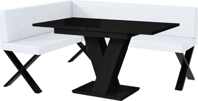 Produktbild von MEBLINI Eckbank für Esszimmer mit ausziehbarem Tisch - Küchenbank - Essecke - Sitzecke Küche - ERIC - X-Beine 128x168x87cm Links - Weiß Kunstleder/M Schwarz Hochgl.