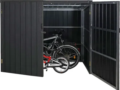 Produktbild von WPC-Fahrradgarage HWC-J29, Geräteschuppen Fahrradbox, Metall Holzoptik abschließbar 4 Räder 172x213x160cm anthrazit