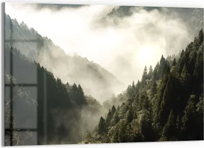 Produktbild von DEQORI Glasbild Echtglas 90x60 cm 'Nebel in den Bergen' Wandbild Bild modern Deko