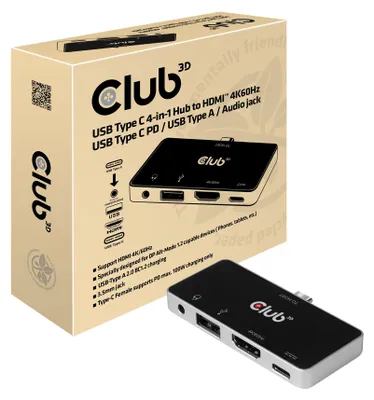 Productafbeelding van Club 3D CSV-1591 Club3D USB-C 4-in-1 hub > HDMI/USB/USB-C/Audio. 4K60Hz. PD100W. Retail