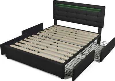 Produktbild von Sweiko Polsterbett Bettrahmen mit LED-Beleuchtung und 4 Schubladen Höhenverstellbares Kopfteil Massivholz-Lattenrost Doppelbett 140x200cm Schwarz Leinen (ohne Matratze)