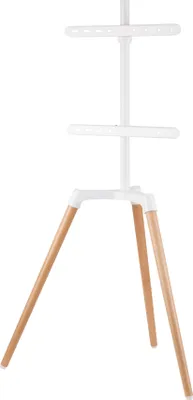 A white TV stand with wooden legs, presented on a white background.