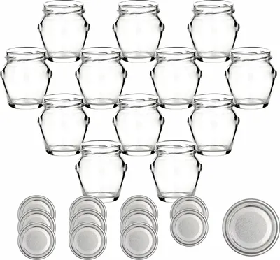 Produktbild von gouveo 12er Set Einmachgläser 106 ml Henkel mit Schraubdeckel silberfarben - Kleines Vorratsglas mit Deckel für Marmelade, Konfitüre, Selbstgemachtes