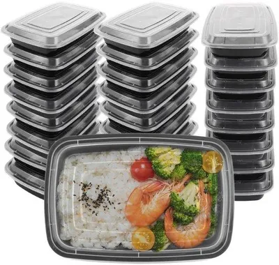 Image de Lot de 25 boîtes-repas réutilisables, 750 ml, boîte à lunch en plastique noir avec couvercle sans BPA, adaptée au micro-ondes.