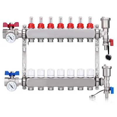 A product shot of a manifold for a heating system.