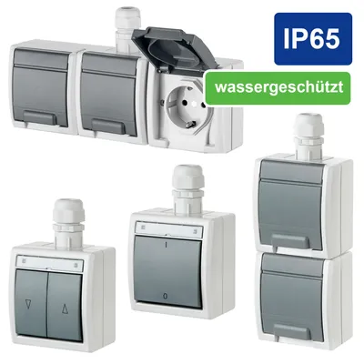 Aufputz-Serie / Steckdose Lichtschalter / Wechselschalter / Taster / Doppelschalter / Feuchtraum / IP65 / wassergeschützt / hellgrau