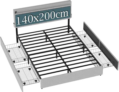Obrázek produktu pro YRHome 140x200cm Světle šedý čalouněný rám postele, s úložnými zásuvkami a lněným potahem, měkké čelo, snadná údržba a stabilita pro ložnici