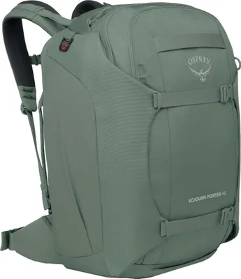 A green Osprey Porter 46 backpack is shown from a side angle against a light gray background.
