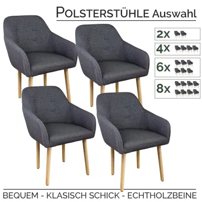 Produktbild von Stühle Esszimmerstühle in 2er, 4er, 6er, 8er Set, Armlehnstuhl Polsterstuhl Stoff Sessel mit Armlehne Echtholz Stuhl Stuhlbeine in Dunkelgrau Kingpower , Stück:4