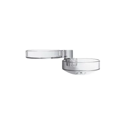 A clear plastic soap dish with a hinged arm, shown against a white background.