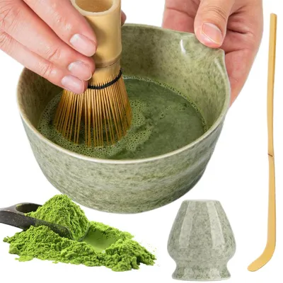 Produktbild von Juksun Matcha-Set 4-teilig aus Keramik und Bambus grün mit Schale Besen und Löffel für Teezeremonie & Geschenk, Grün
