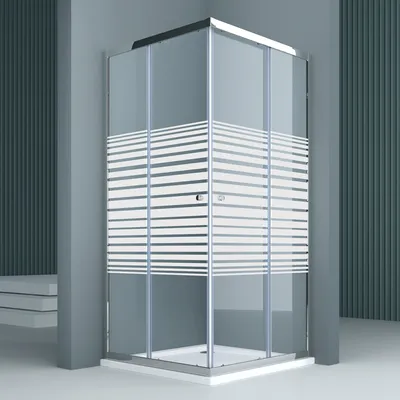 A modern shower cabin with frosted glass stripes, displayed in a minimalist bathroom setting.