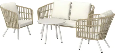 Immagine prodotto di Set di mobili da giardino in polyrattan set da salotto con 2 divani, sedie, cuscini da tavolo, gruppo di sedute resistente alle intemperie per 4 persone, set di mobili da balcone per esterni, mobili da giardino per giardino, balcone, terrazza, kaki |