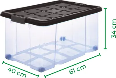 A clear product shot of a transparent storage box with a black lid, showing its dimensions.