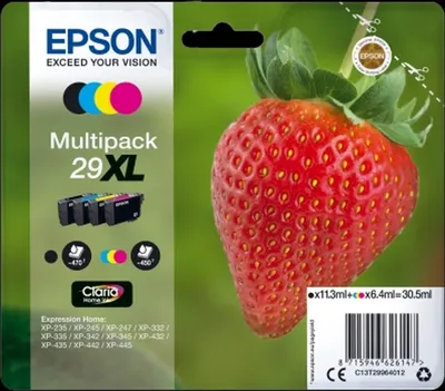 Produktbild von Epson Strawberry Multipack 4-colours 29XL Claria Home Ink, High (L) Yield, Schwarz, Cyan, Magenta, Gelb, 11,3 ml, 6,4 ml, 1 Stück(e), 470 Seiten