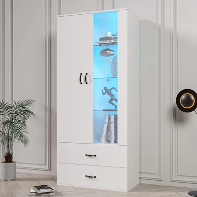 Image de OKWISH Vitrine avec Éclairage LED, 2 Portes Et 2 Tiroirs, Meuble de Rangement Haut Pour Salon ou Salle à Manger, Étagères Verre, Panneau de Particules, Blanc