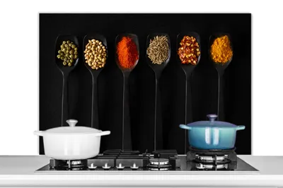 Obrázok produktu pre KitchenYeah® Splashback kitchen - kuchynský splashback - ochrana steny sporáka a drezu - lyžica - korenie - čierna - korenie - rustikálny 100x65 - Alu-Dibond (alternatíva k sklenenému splashbacku) - Heatb
