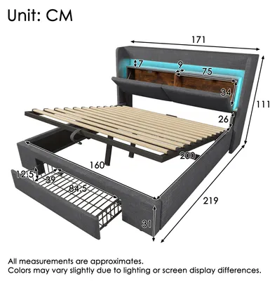 Immagine prodotto di Letto imbottito 160 x 200 cm con vano contenitore con apertura idraulica, testiera con vano contenitore, LED, USB, USB-C, lino, grigio