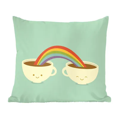 Produktbild von MuchoWow® Zierkissen Sofakissen Wohnzimmer Dekokissen 40x40 cm Eine Illustration eines Regenbogens über zwei Tassen Kaffee - Foto Kissen - Schlafzimmer Dekoration