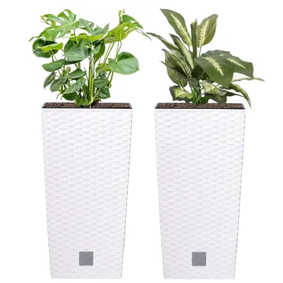 Produktbild von Set 2 Stücke Blumenkübel 7,2 L Rattan-Optik Weiß hohe Pflanzkübeln H 32,4 cm mit Innenkasten 3 L quadratisch Übertopf aus Kunststoff