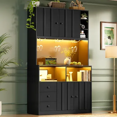 Immagine prodotto di Mobile da cucina MODFU, 180 cm, con vetrina illuminata a LED, mobile alto con presa di corrente e scaffale per vino, scaffale da cucina con angolo caffè, colore nero