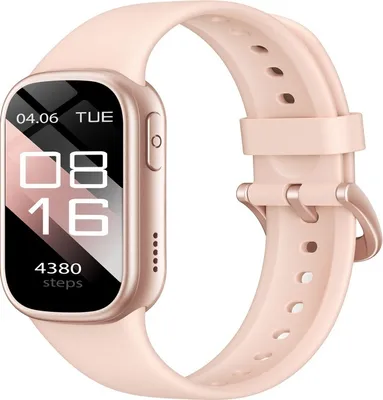A pink smartwatch with a rose gold casing is shown against a white background.