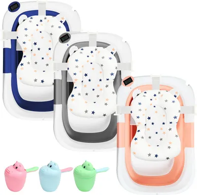 Produktbild von Baby Badewanne Babywanne Bathtub Badesitz faltbar mit Thermometer und verstärkten Haltegurten für Babys für 0-6 Jahre Grau