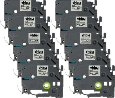 Produktbild von vhbw 10x Schriftband-Kassette kompatibel mit Brother PT 1230PC, 1200P, 1200, 1090, 1080, 1010, 1000-Serie Etiketten-Drucker 8m x 6mm Schwarz auf Weiß