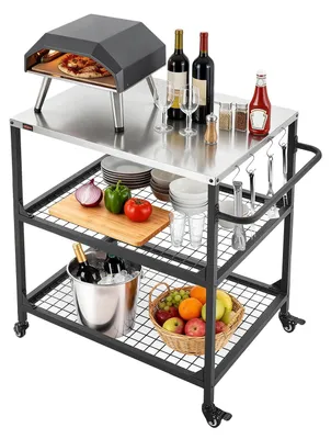 Immagine prodotto di VEVOR Carrello barbecue da esterno 80x61 cm (dimensioni del piano), tavolo barbecue con ruote, maniglia laterale, 2 ripiani in rete e 4 ruote, tavolo da preparazione barbecue, carrello di servizio per picnic, cucina, giardino