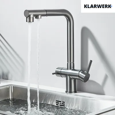 Produktbild von KLARWERK® Felix | ausziehbare 3-Wege Armatur Edelstahl Silber gebürstet | Filter Trinkwasser Wasserhahn Küche | Mischbatterie L-Auslauf 3 Anschlüsse