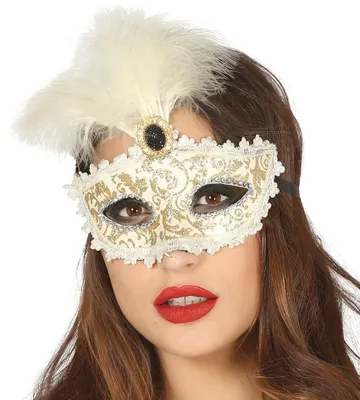Produktbild von Venezianische Maske in gold mit weißen Federn
