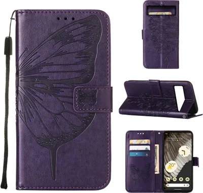 Immagine prodotto di Custodia in pelle per Google Pixel 8 farfalla in rilievo custodia in pelle flip slot per schede telefono cellulare con supporto viola