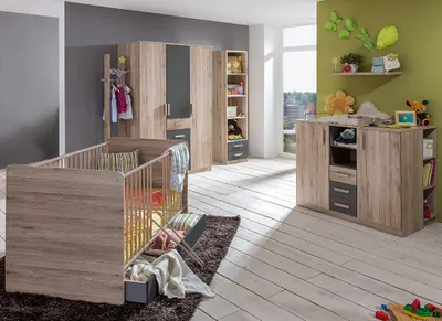 Produktbild von Kinderzimmer Set 10-teilig in Eiche mit graphit CANTON-43 mit Gitterbett und Wickelkommode