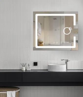 Productafbeelding van ORIGEN BAD Spiegel voor in de badkamer, met LED-verlichting, 3-voudige vergrotingsglas en anti-condensfunctie, 80x70 cm
